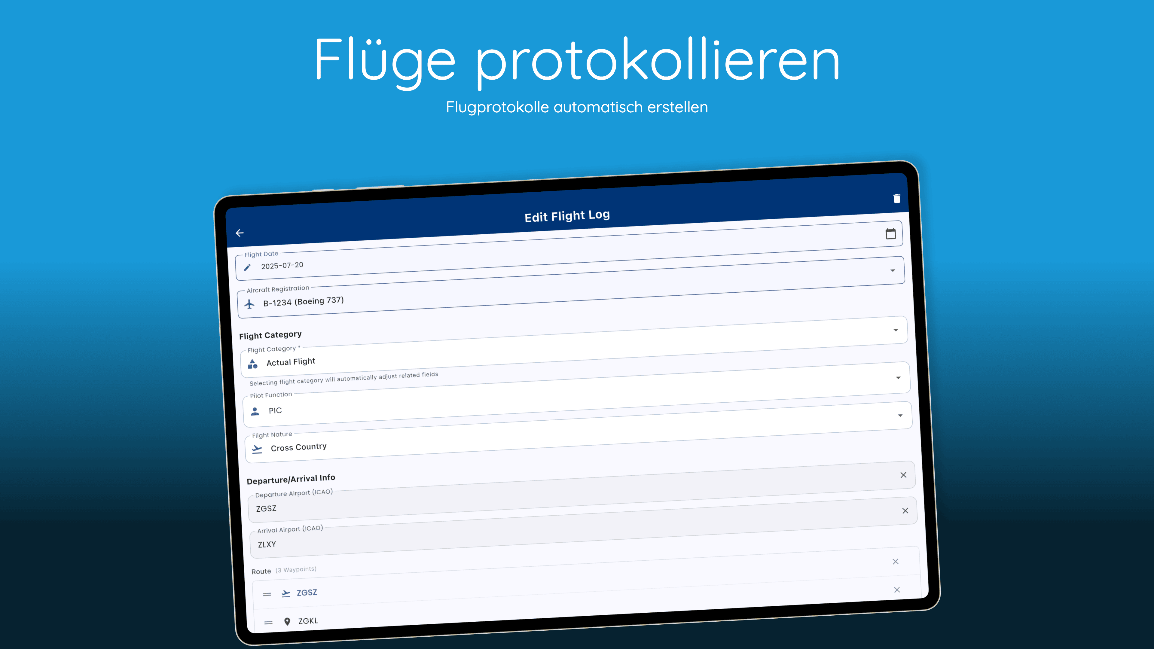 Pilot Kit digitales Flugbuch-Oberfläche mit Flugzeitverfolgung, Berechtigungsverwaltung und Statistiken